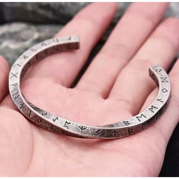 Mens Norse Viking Twisted Runes Stainless Steel Hammered Torc Bangle Bracelet - Picture 6 of 9